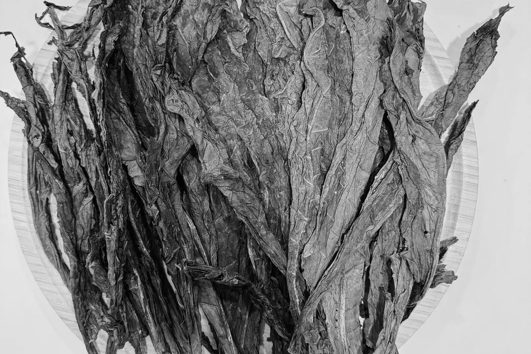 Hojas de tabaco secas, apiladas sobre un plato de madera, vistas desde arriba.